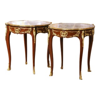 Pair of Mid-C. French Louis XV Marble-Top Mahogany & Ormolu Mounted Side Tables For Sale