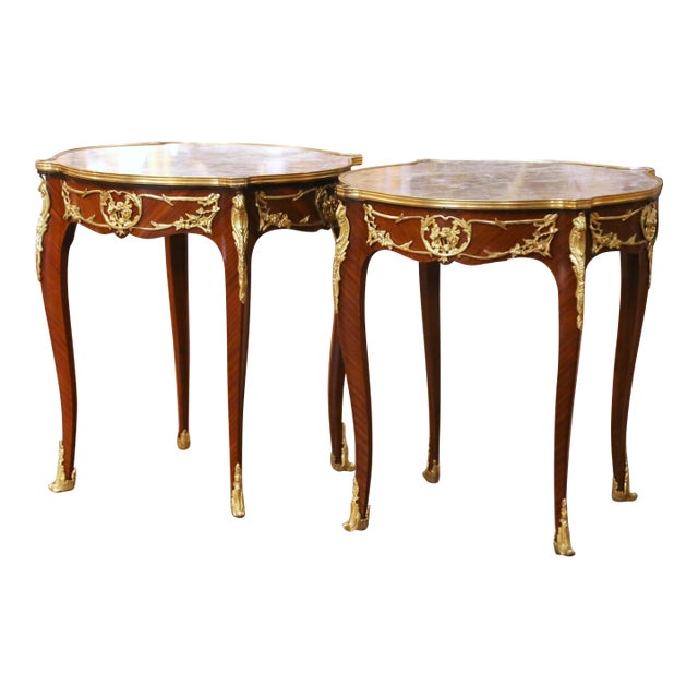 Pair of Mid-C. French Louis XV Marble-Top Mahogany & Ormolu Mounted Side Tables For Sale