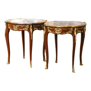 Pair of Mid-C. French Louis XV Marble-Top Mahogany & Ormolu Mounted Side Tables