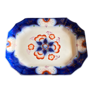 Antique Gaudy Welsh Crescent Pinwheel Flow Blue Large Platter, Circa 1840s
