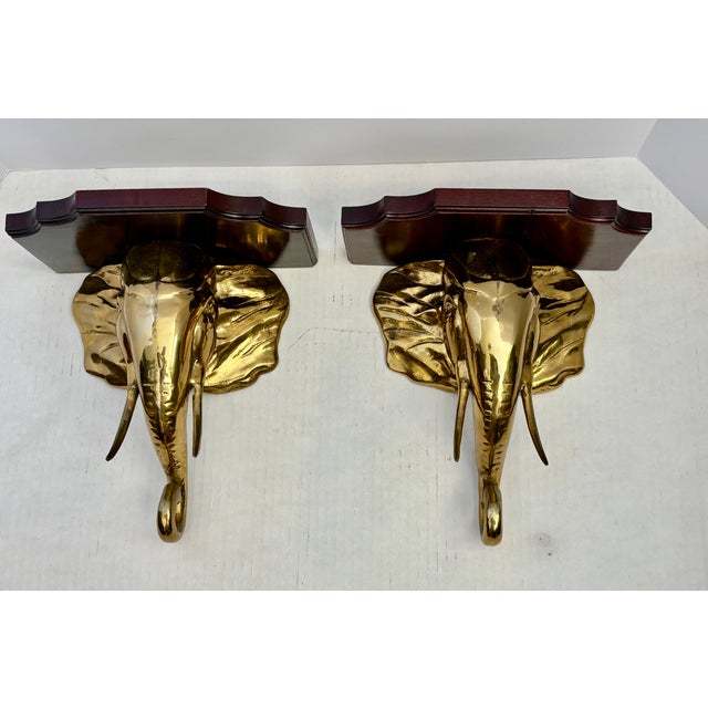 Hollywood Regency Mid 20th Century Pair Hollywood Regency Style Elephant Head Motif Brass Wall Brackets For Sale - Image 3 of 14
