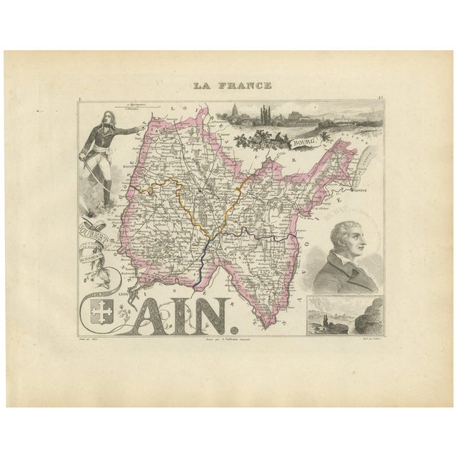 Map of Ain France with Vineyards of Bugey and Notable Portraits, c.1850 For Sale