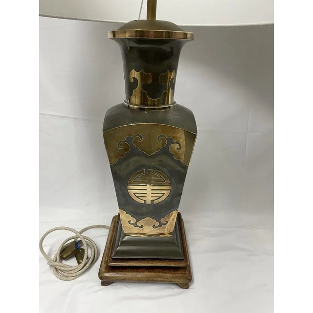 Metal Metal Lamps with Brass Applications on Wooden Bases, 1970s For Sale - Image 7 of 13