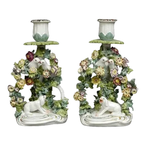 Antique 19th Century Samson Porcelain Candlesticks After Chelsea With Hounds & Birds in Bocage - a Pair