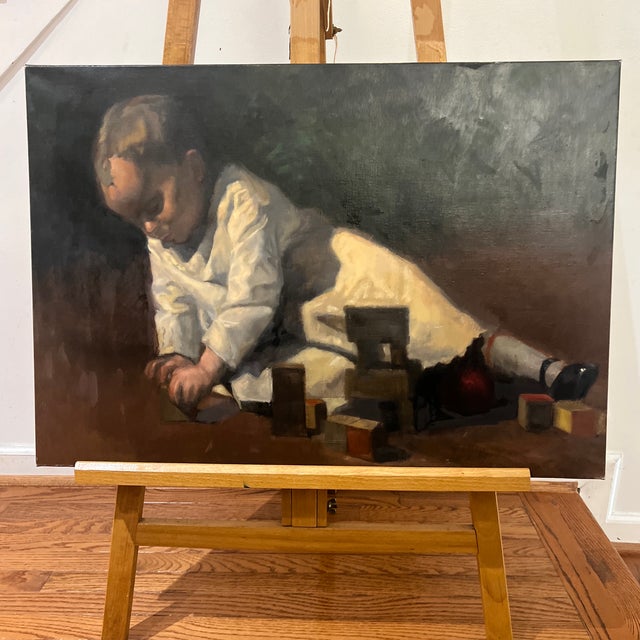 1980s Oil on Canvas Painting Reproduction “Baby at Play" (1876) by American Artist For Sale In Washington DC - Image 6 of 8