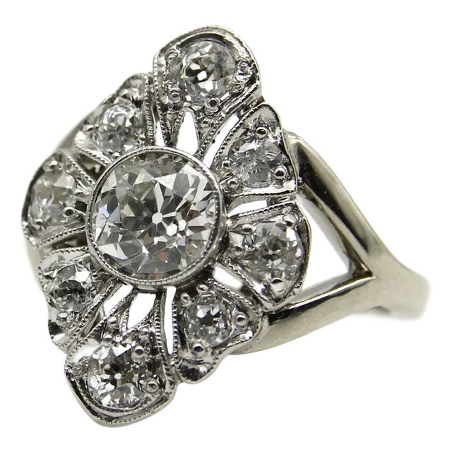 14k White Gold Old European Cut and Old Mine Cut Diamond Flower Ring For Sale