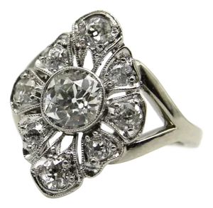 14k White Gold Old European Cut and Old Mine Cut Diamond Flower Ring
