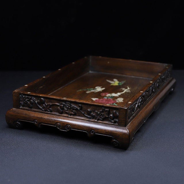 Brown Wooden Tea Tray With Mother-of-Pearl Floral and Bird Inlay For Sale - Image 8 of 10