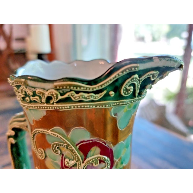 Early 20th Century Vintage Nippon Hand Painted Raised Moriage Pitcher Vase Art Nouveau Style For Sale - Image 5 of 9