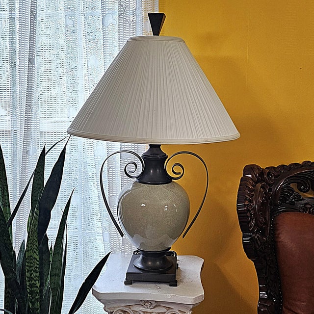 Ashley Gavivi Style Crackle-Glaze Ceramic Urn & Bronze Scroll Table Lamp For Sale - Image 16 of 18