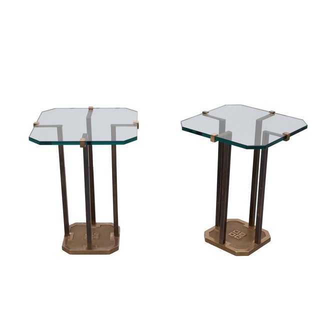 Stunning set of T18 side tables , design by Peter Ghyczy The sand cast base of the side tables, in solid brass, features...