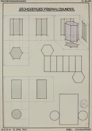 Leo Erb Geometric German Engineering Diagram in Watercolor & Ink, 1941 1941