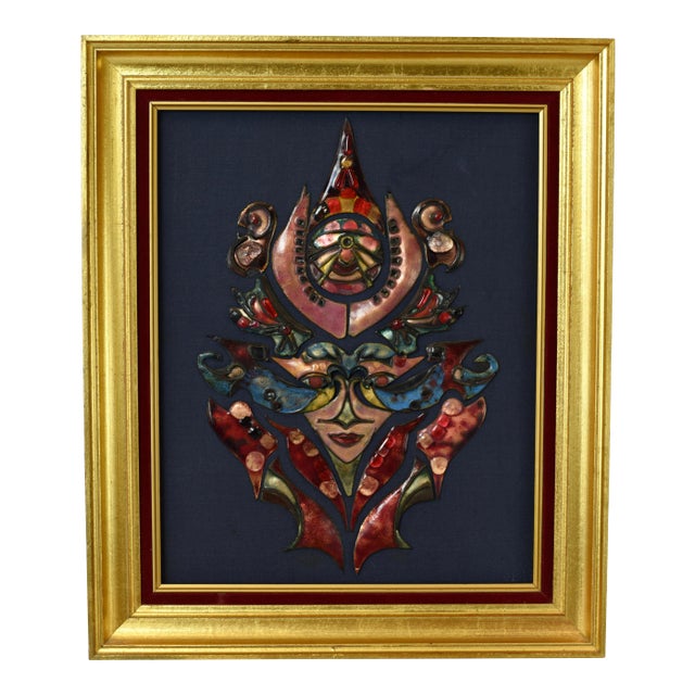 Mid Century Modern Copper Enamel Face Mask Sculpture For Sale