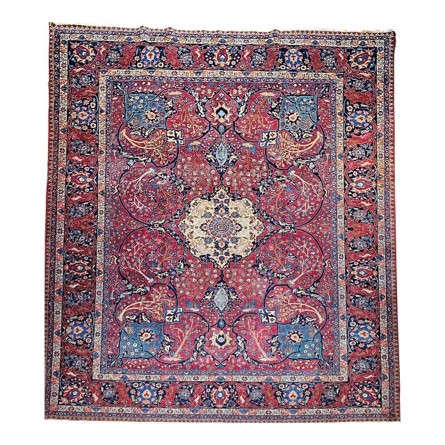 Vintage Persian Tabriz Rug, Hand-Knotted Wool, Garden Floral Pattern, Crimson & Turquoise, 11x15 For Sale
