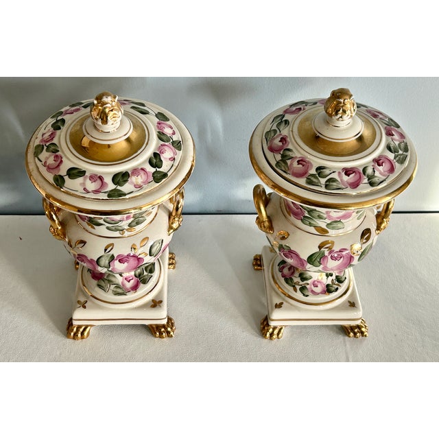 Vtg. Pair of Italian Charleston Line Porcelain Lidded Lamp W/Roses For Sale - Image 9 of 13