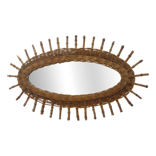 Vintage Sunburst Bamboo Wall Mirror, 1960s For Sale