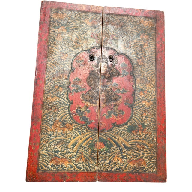 Red Antique Tibetan Cabinet Doors With Embossed Dragon Motifs, Pair For Sale - Image 8 of 18