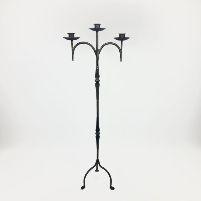 Hand Forged Iron Floor Candelabra 46″ (117cm) Antique Copper or Gold Patina 3-Arm Classic Scroll Candle Holder Rustic Decor For Sale - Image 11 of 11