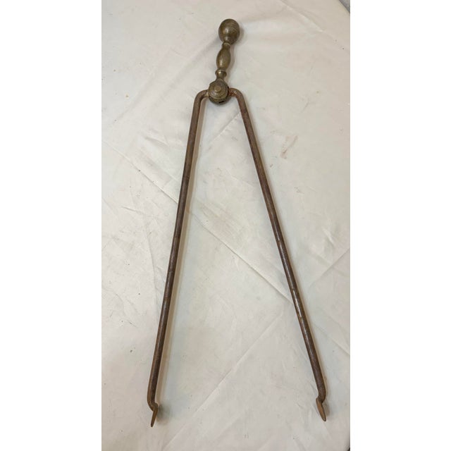 English Antique 18th Century Wrought Iron Turned Brass English Fireplace Tongs Tool 21 For Sale - Image 3 of 9