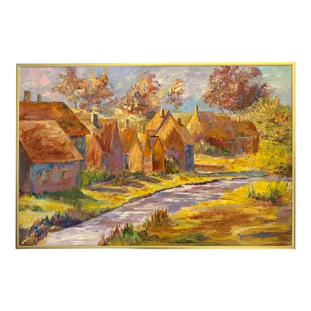 "Rural Village Landscape" Oil on Canvas by Marion Saltzman For Sale