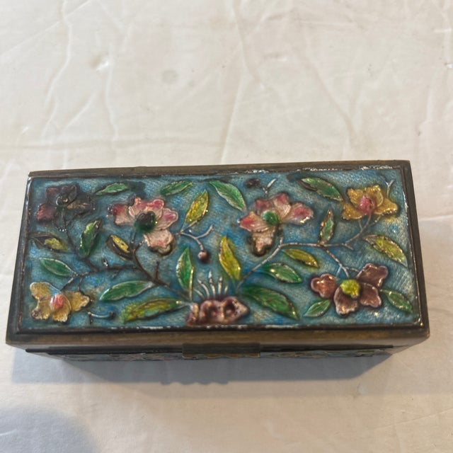 Description: Cloisonne antique Chinese vintage stamp enameled box . This pretty little two compartment stamp box has...