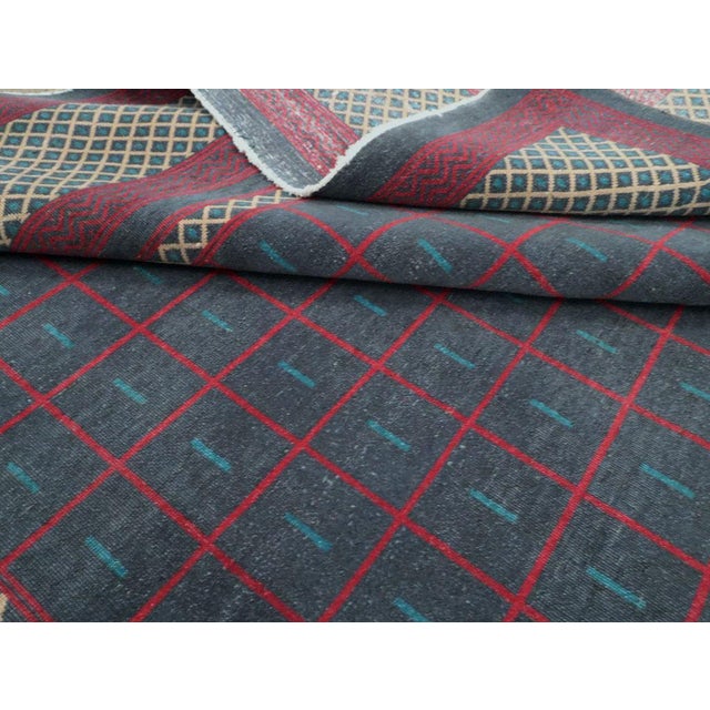 Teal Galerie Shabab Collection Mid-20th Century Handmade Indian Lahore Art Deco Inspired Room Size Carpet For Sale - Image 8 of 9