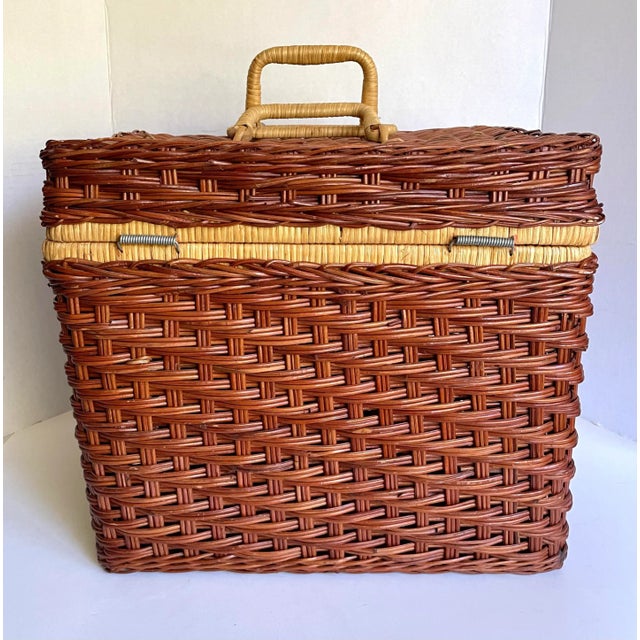 Wood Vintage Woven Wicker Basket With Picnic Accessories- 22 Pieces For Sale - Image 7 of 13