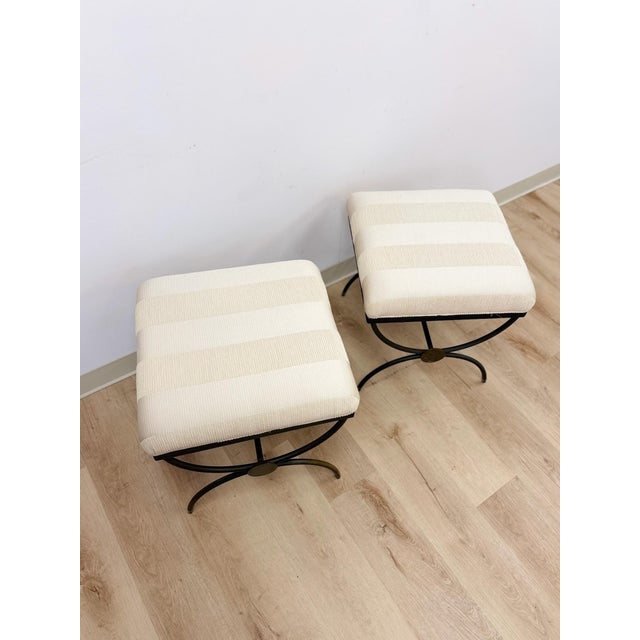 Contemporary Pair of Swain Style Designer Metal and Beige Upholstered Footstools, High Point For Sale - Image 3 of 10