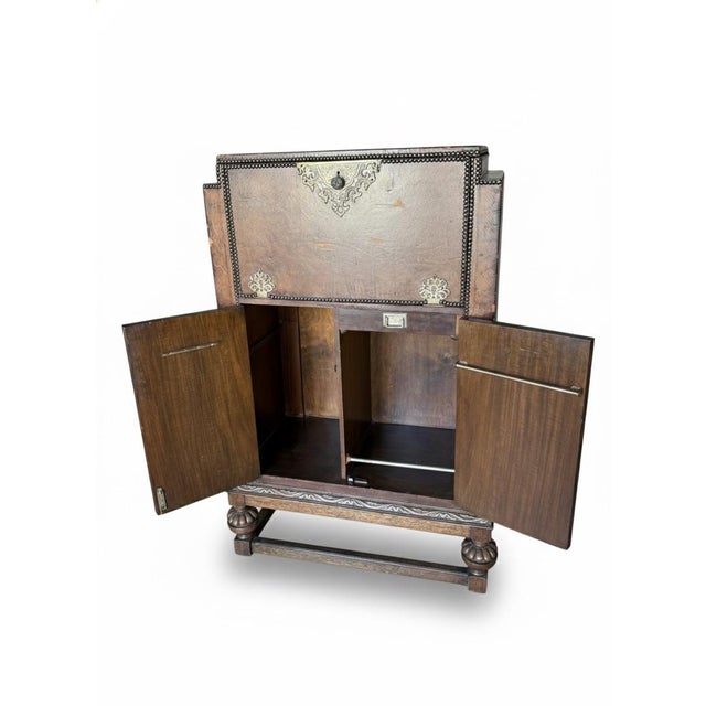 Art Deco Rare Antique Prohibition Era Liquor Cabinet / Hidden Bar Leather Wrapped 1920s For Sale - Image 3 of 12