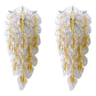 Midcentury Modern Italian Murano Leaf Glass Wall Sconces by Mazzega, 1970s, Set of 2 For Sale