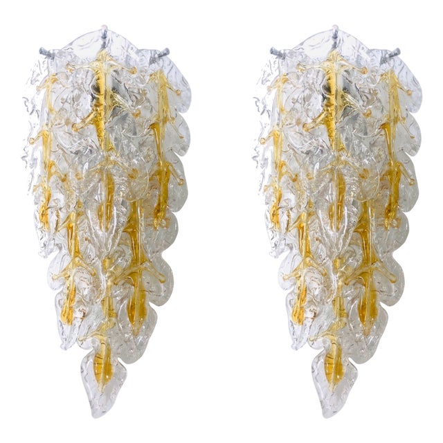 Midcentury Modern Italian Murano Leaf Glass Wall Sconces by Mazzega, 1970s, Set of 2 For Sale
