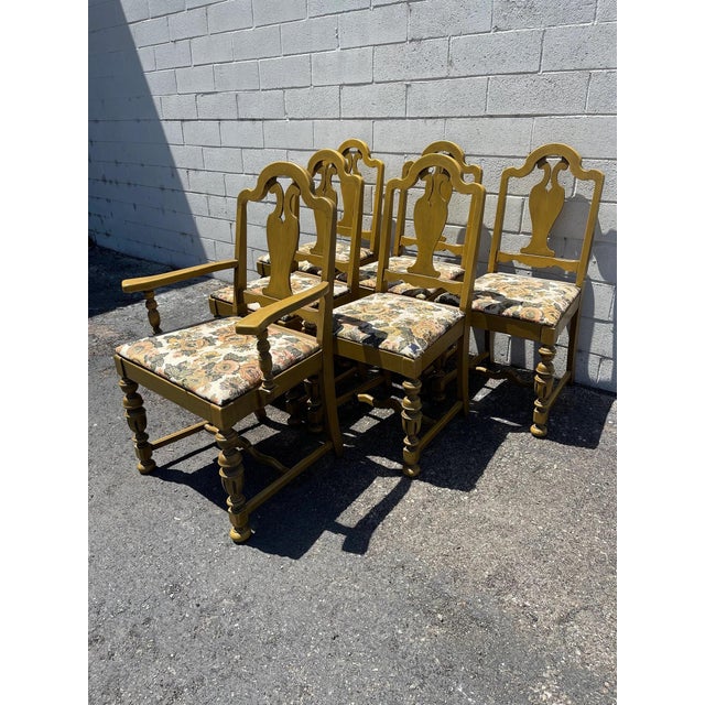 7pc Vintage Jacobean Dining Table Chairs Set Wood Kitchen Armchair For Sale - Image 9 of 10