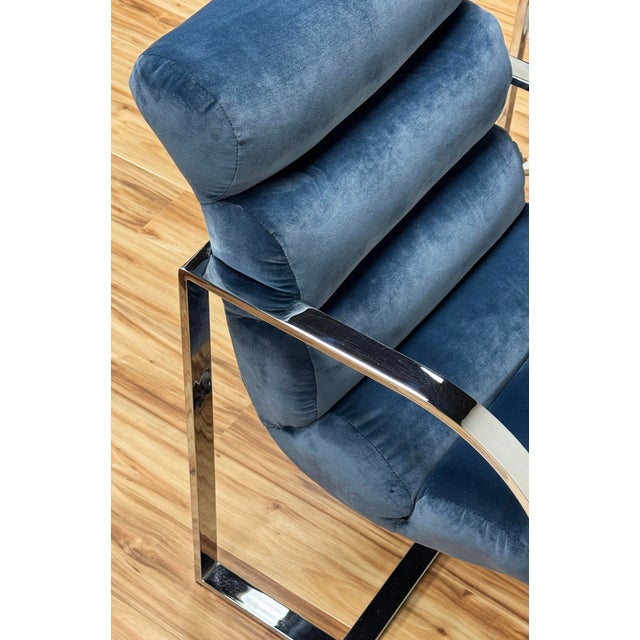 Vintage Newly Upholstered Blue Velvet Chrome Sling Chairs, a Pair For Sale - Image 11 of 18