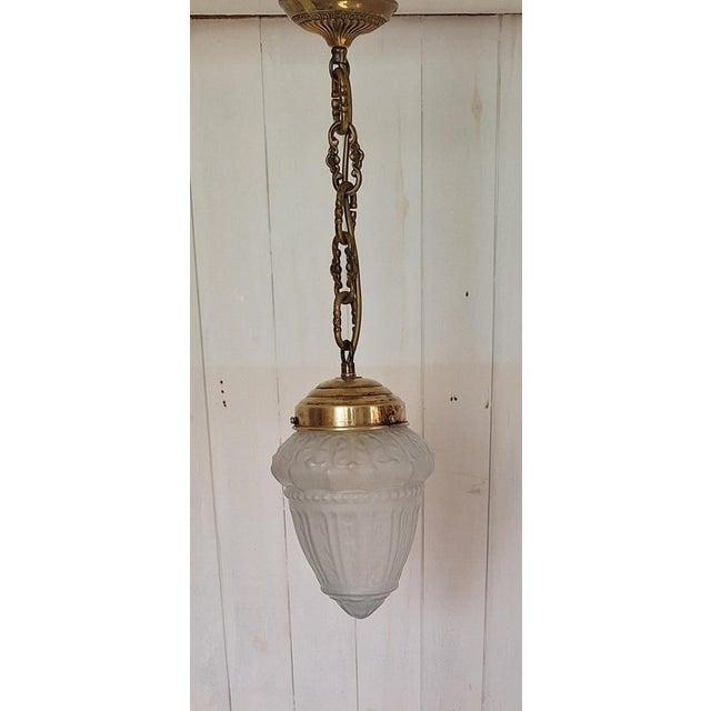 Antique French Teardrop Lamp with Frosted Relief Glass Shade on Brass Mount, 1900s For Sale - Image 9 of 9