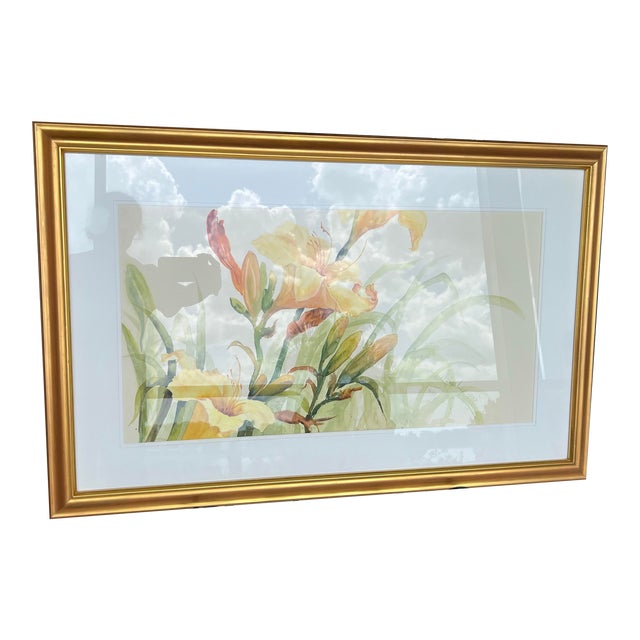 1980s Jane F. Lux Framed Watercolor Painting Featuring Yellow Lilies With Green Leaves For Sale