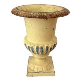 Mid-Century Petite Cast Iron Medici Style Garden Urn in Pale Butter Yellow For Sale