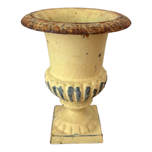 Mid-Century Petite Cast Iron Medici Style Garden Urn in Pale Butter Yellow