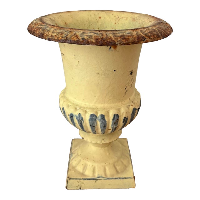 Mid-Century Petite Cast Iron Medici Style Garden Urn in Pale Buttercup Yellow For Sale