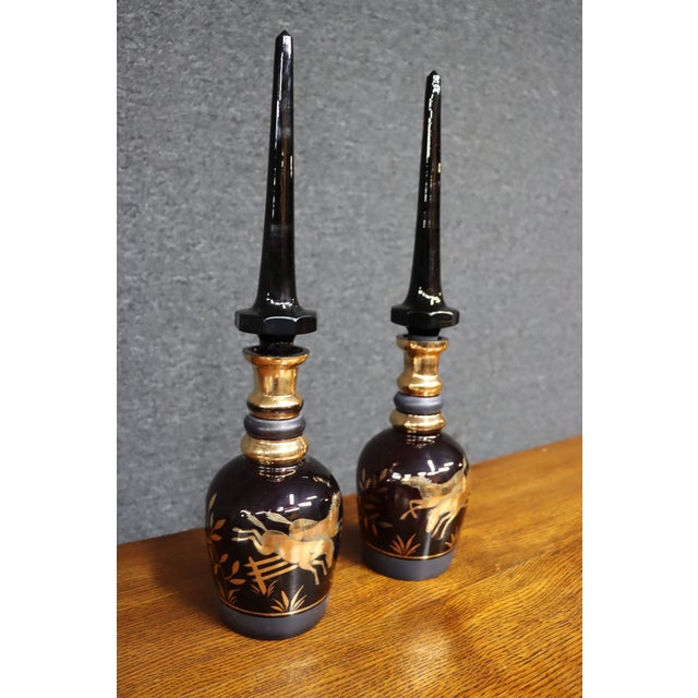 Art Deco Early 20th Century Royal Purple Art Glass Decanters With Gold Horse Overlay - Pair For Sale - Image 3 of 14