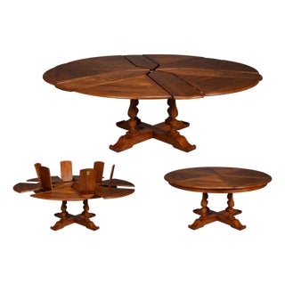 80 to 102 Oversized Walnut Planked Jupe Table With Self-Storing Leaves Seats 8-12 People For Sale