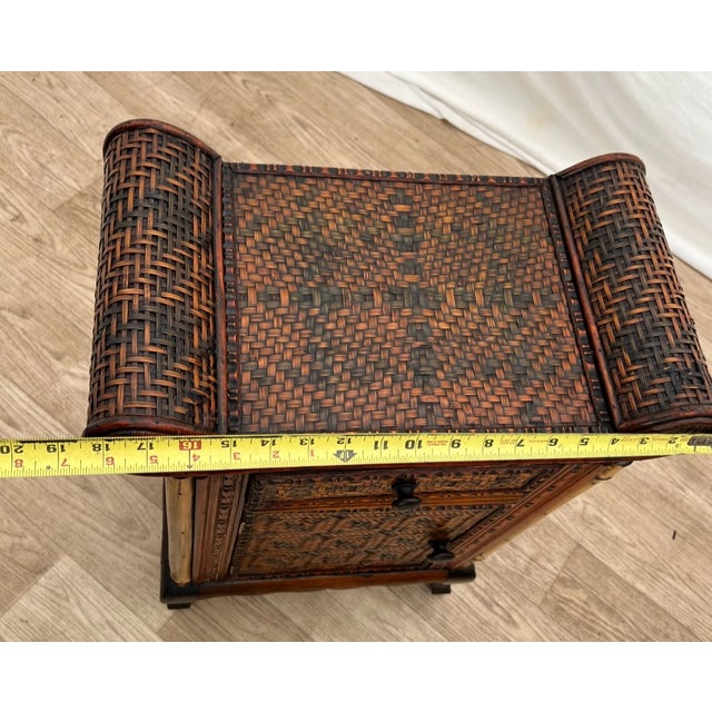 1960s Asian Mid Century Nightstand Cabinet With Drawer Wicker and Bamboo Curved Top For Sale - Image 11 of 13