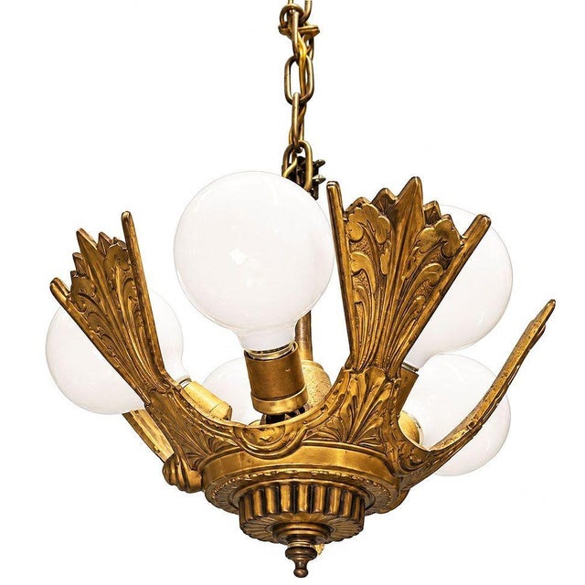 1920 Gemetric Art Deco Brass Five Light Circular Chandelier by Markel For Sale - Image 4 of 5