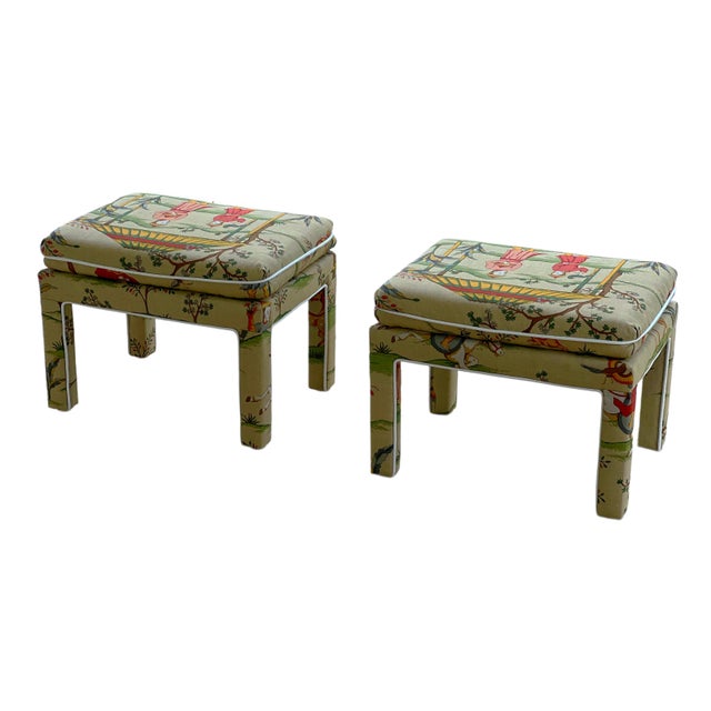 Milo Baughman 1980s Pair Chinoiserie Parsons Benches in Thibaut “Ting Yuan” For Sale - Image 4 of 17