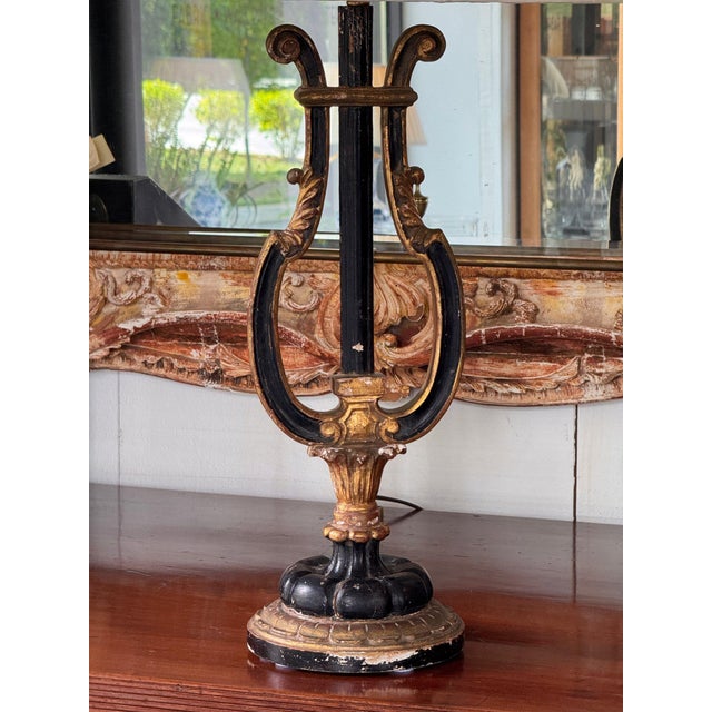 Late 20th Century Vintage Italian Ebonized and Gilt Lyre Form Lamp For Sale - Image 5 of 12