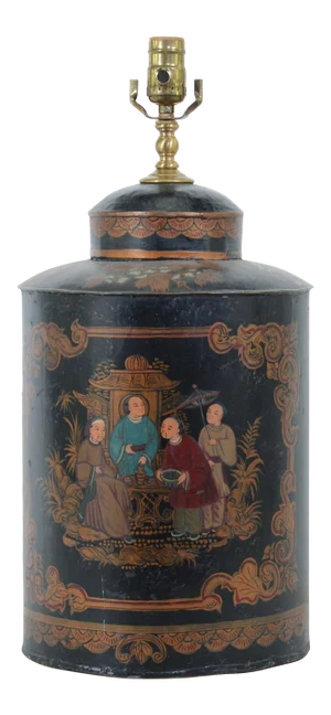 Vintage English Export Tea Caddy Hand-Painted Chinoiserie Figurines Table Lamp