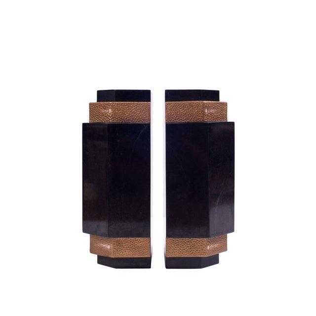 Neo Deco Stone Inlay and Shagreen Effect Leather Bookends - a Pair For Sale - Image 4 of 4