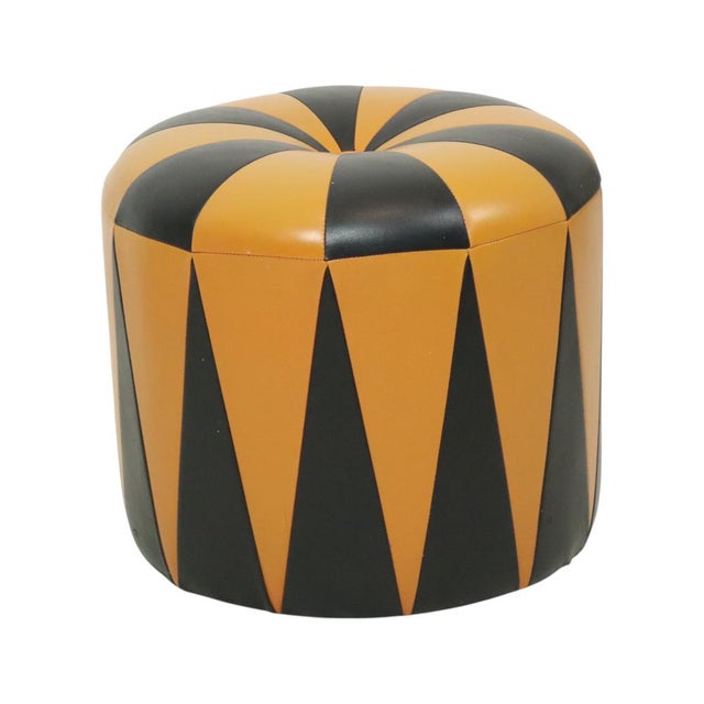 Cool vintage round pouf in Moroccan patchwork style, made from a wooden base and upholstered in high-quality two-tone...