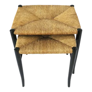 Italian Black and Rush Seat Nesting Stools After Gio Ponti