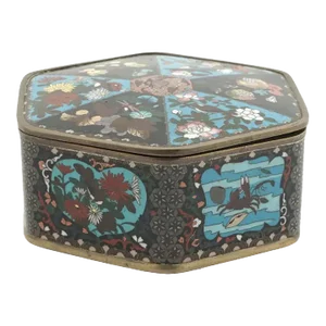 Large Meiji Japanese Cloisonne Enamel Box With Fruits, Sea Life, Birds and Insects