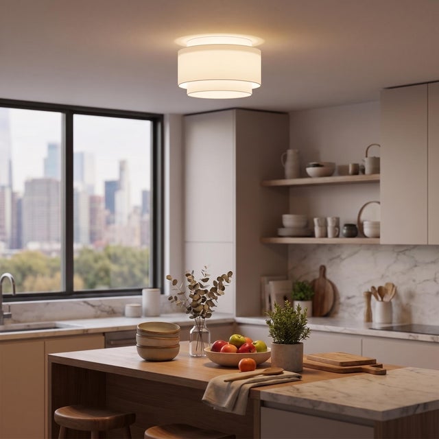 Coronado 18" Flush Mount by NOVA Design Team 2026 - Modern Satin Nickel Steel, Double Drum White Linen Shade, Dimmable...
